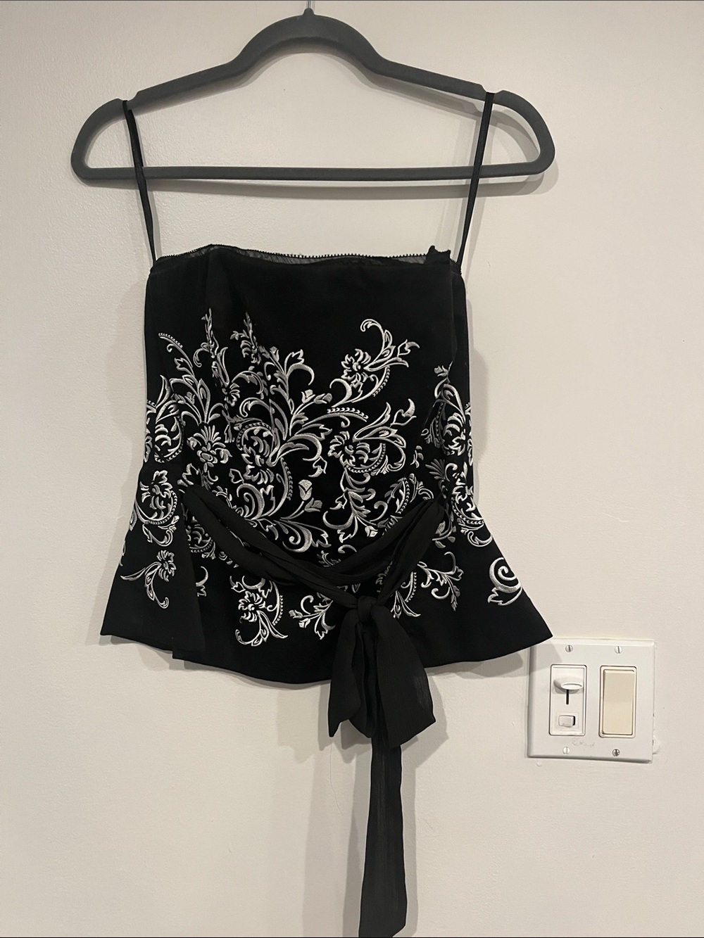 White House Black Market Black Spaghetti-Strap Top with White Scroll Print